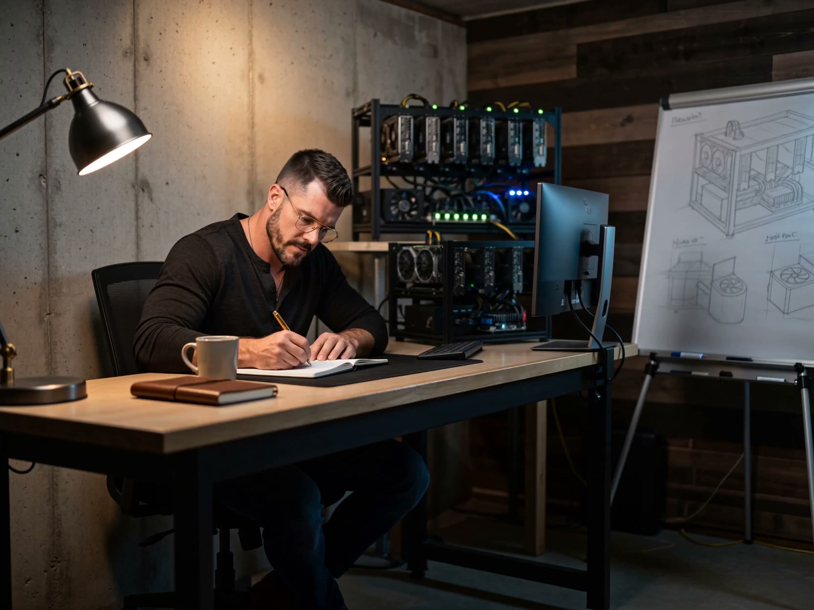 Mike Rodgers in the rig room — the operator, lit low against the rack